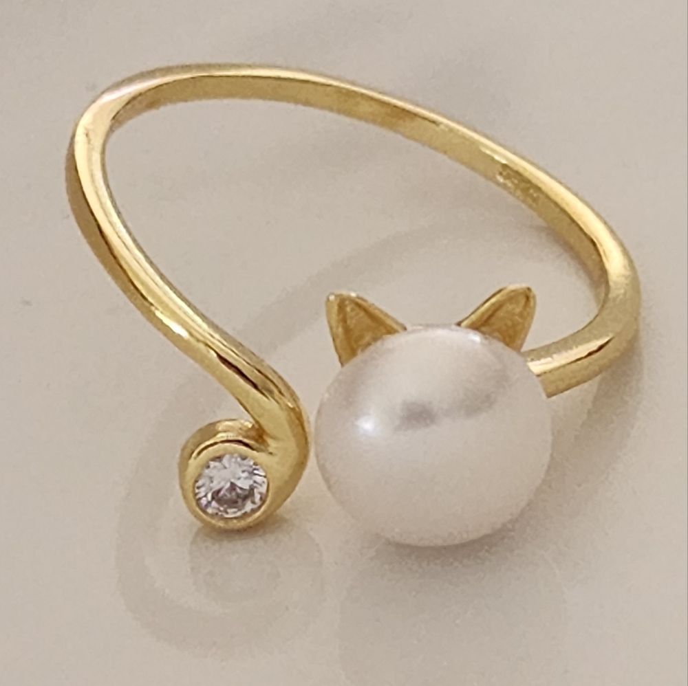 925S Real 8mm Cultured Freshwater Pearl Cat Shape Gold Ring - Adjustable - Picture 4 of 16